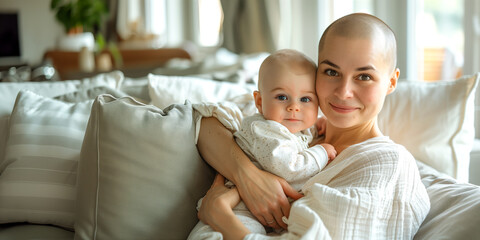 Bald Mother Holding Baby in Cozy Home Setting