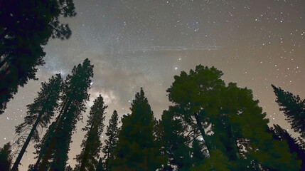 Starry Night Sky with Tall Trees Silhouetted Against the Milky Way