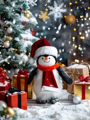 Christmas penguin in a winter hat