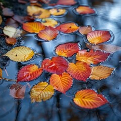 Autumn colorful bright leaves swinging in a water. Autumn colorful background. fall backdrop