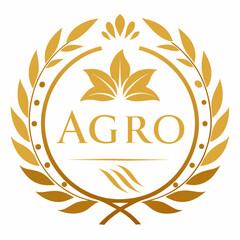 a fragile gold ''Agro''  logo with an ornament, in the Baroque style, framed by a laurel wreath - white background