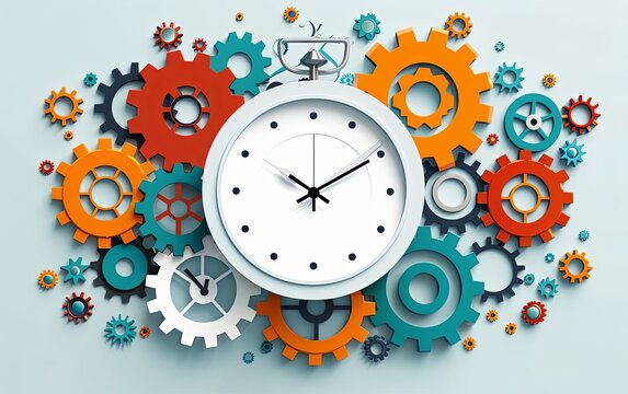 Colorful gears and clock illustration representing time management and productivity, with vibrant mechanical components on a light background.