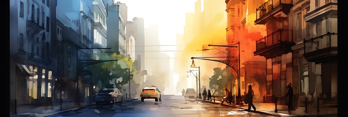 A watercolor splash with a cityscape.