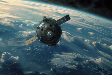 Detailed artwork depicting a satellite orbiting earth with a stunning backdrop of our planet and atmosphere