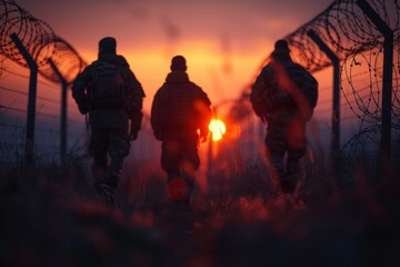 Fototapeta premium Defocused border guards in uniform patrol along a barbed wire fence, monitoring for illegal crossings by immigrants. Security measures in action. The army protects the country's borders and independen