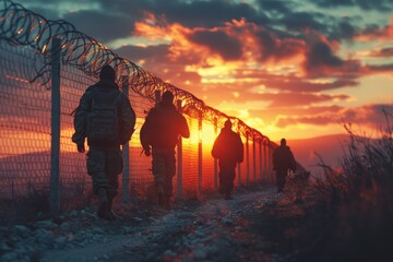 Defocused border guards in uniform patrol along a barbed wire fence, monitoring for illegal crossings by immigrants. Security measures in action. The army protects the country's borders and independen