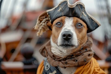Dog dressed as a pirate captain on a ship. Adorable sea robber in full pirate attire, ready for adventure on the high seas.






