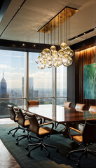Interior Modern Corporate Office Conference Meeting Room With Chandelier Company Board Executive Professional Work Setting City Skyline Window View