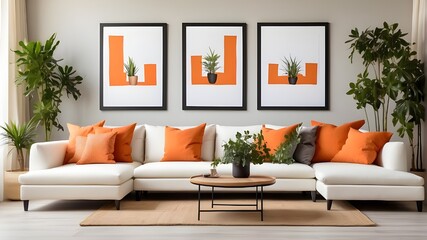 In a contemporary living room with a white sofa, orange pillows, and plants, there are four empty vertical picture frames. Four poster sets for wall art mockups.