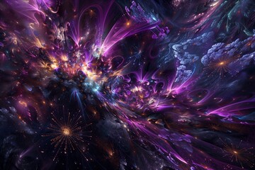 A galaxy of abstract forms and starbursts, with deep purples, blues, and hints of gold, mimicking the vastness and mystery of space