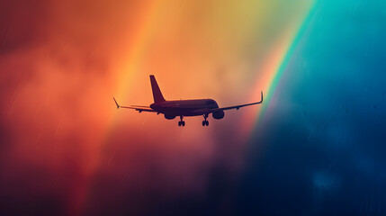 A rainbow is seen in the sky above an airplane