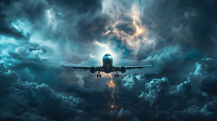 Naklejka premium A plane is flying through a stormy sky with lightning bolts