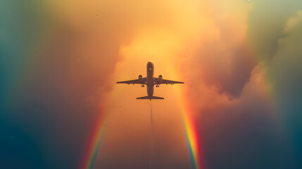 A plane is flying through a cloudy sky with a bright orange sun 