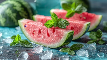 Fresh slices of watermelon flying on a blue background with exploding juice splash