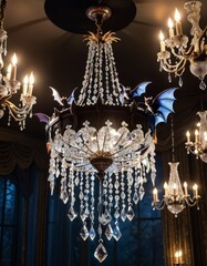 Ornate chandelier with crystal accents hanging in a luxurious room with additional lighting fixtures and curtains.