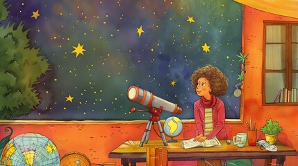 Serene Woman in a Cozy Astronomy Setting