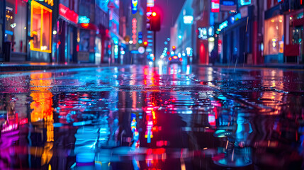 A wet street with reflections of neon lights and people
