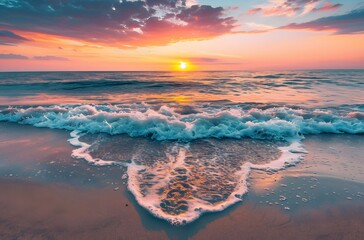 Beautiful Sunset Over Sea with Waves on Sand Beach