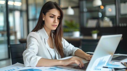 Portrait beautiful female accountant working on laptop at office desk. Generated AI image