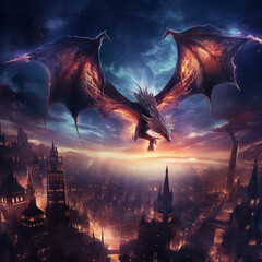 Dragon flying in sky over night city