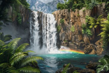 Fototapeta premium : A majestic waterfall cascading down rugged cliffs into a turquoise pool, surrounded by lush tropical vegetation and ferns, with a rainbow forming in the mist at the base of the falls