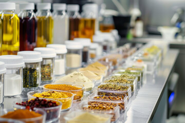 food ingredient testing, a selection of food samples displayed on lab benches, highlighting the variety of ingredients for testing and assessment