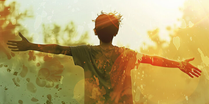 Rising Above Addiction: A resolute figure stretches forward, embracing the path to sobriety with open arms.