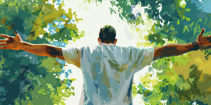 Rising Above Addiction: A resolute figure stretches forward, embracing the path to sobriety with open arms.