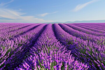 Fototapeta premium : An expansive lavender field in full bloom, stretching out to the horizon under a clear blue sky, with the rows of vibrant purple flowers creating a mesmerizing pattern