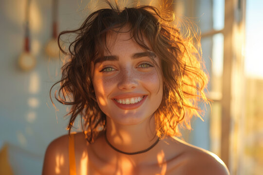 A radiant smile lighting up a room, eyes crinkling with joy as laughter bubbles forth from the depths of the soul. Concept of unbridled happiness. Generative Ai. - Powered by Adobe