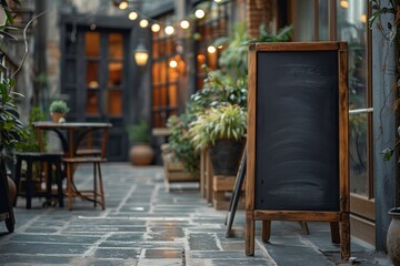 Empty blackboard sign stands in front of a restaurant, ready for menu display. Ideal for street cafes or eateries to attract customers. sign mockup 