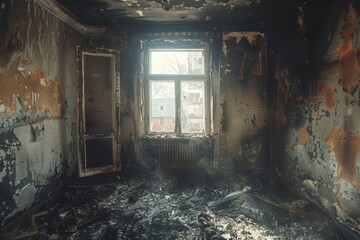 An empty room with charred walls and ceiling, indicative of a damaged apartment after a house fire. Through the window, you can glimpse the aftermath of destruction.






