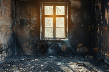 An empty room with charred walls and ceiling, indicative of a damaged apartment after a house fire. Through the window, you can glimpse the aftermath of destruction.






