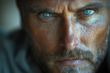 Obraz premium A furrowed brow and clenched jaw, a portrait of determination and resolve in the face of adversity. Concept of steadfast perseverance. Generative Ai.