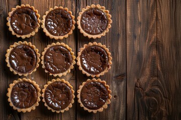 Newly baked chocolate tarts placed on a wooden table. These desserts are both delicious and sweet, offering a delightful treat. This top-view image showcases their tempting appeal.






