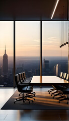 Interior Empty Corporate Office Conference Meeting Room Company Board Executive Professional Work Setting Afternoon City Skyline Window View