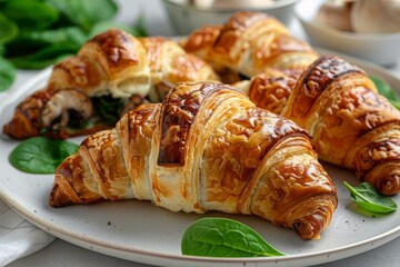 Warm croissants filled with spinach and mushrooms displayed on a white table. This spread represents delectable baked goods and tasty food.







