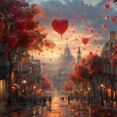 Red heart-shaped balloons fly through the streets. Celebrating love and romance