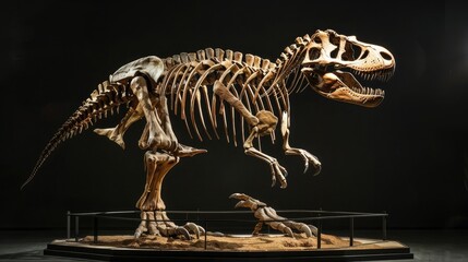 natural history museum, life - size Tyrannosaurus Rex skeleton centerpiece, softly lit with spotlight realistic