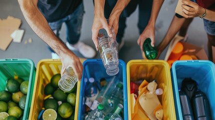 Groups sorting materials for recycling, underlining the role of proper waste management in reducing carbon emissions and fostering eco-friendly practices. Sustainable carbon reduction