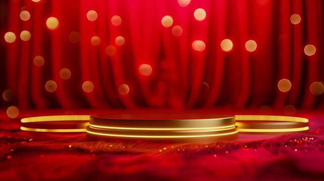An exquisite golden podium highlighted by neon effects, set against a plush red background with subtle bokeh sparkles, creating a scene of modern luxury,