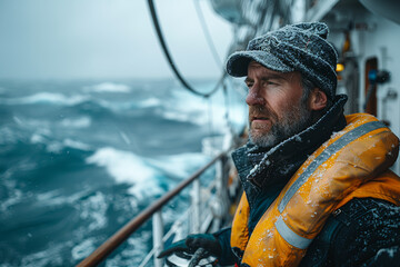 Fototapeta premium A seasoned captain at the helm of a sturdy ship, navigating stormy seas with steady hands and unwavering resolve. Concept of maritime stability. Generative Ai.