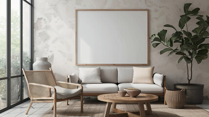 Scandinavian interior design of modern living room with blank mock-up poster frame
