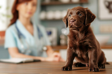 purebred puppy in veterinary clinic at veterinarian's appointment, taking care of pet