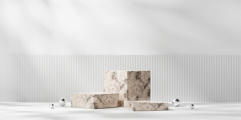 Abstract white and mable platform podium showcase for product display 3d rendering	
