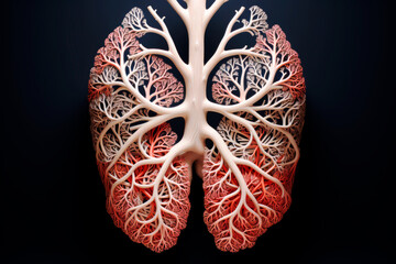 Illustration of human lungs in the form of tree roots or branches on a black background.