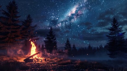 Night camping near bright fire in spruce forest under starry magical sky with milky way realistic