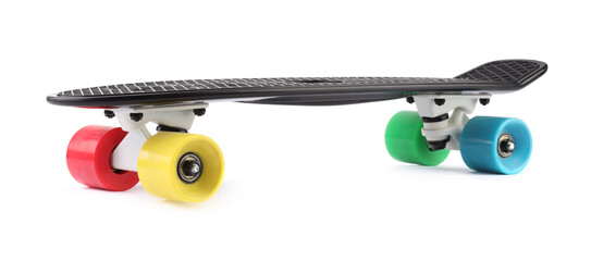 Black skateboard with colorful wheels isolated on white. Sports equipment