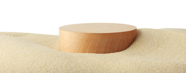 Presentation of product. Wooden podium on sand against white background. Space for text