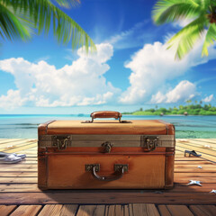 retro vintage suitcase on background of sea with palm trees, wooden pier and azure sea with sky